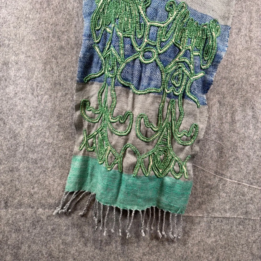 Noonday Collection Silk Scarf Handwoven Beaded Boho Blue Grey Artisan Festival